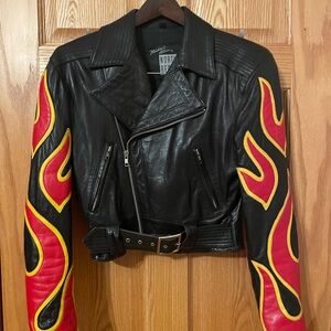 Black Leather Motorcycle Jacket and Mini Skirt with Red and Flames